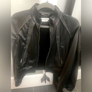 Saint Laurent Designer Lambskin black leather jacket with silver embellishment